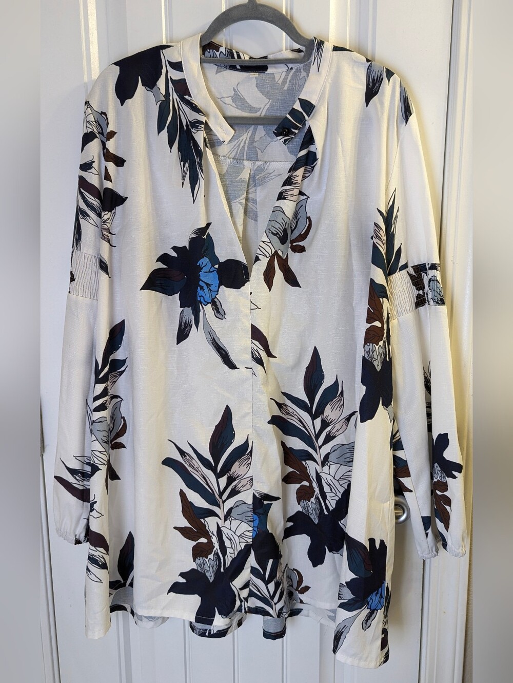 Floral V-Neck Long Sleeve Blouse Dress - White/Blue